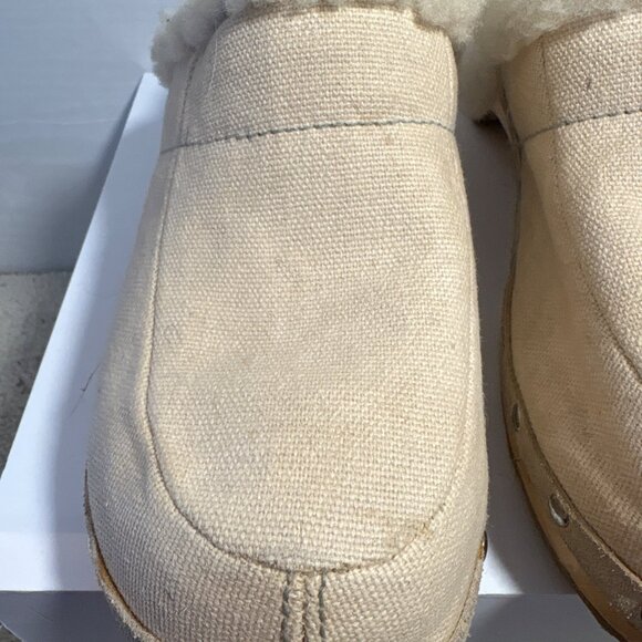Ugg Clogs Beige Shearling Lined Canvas With Wood Sole Size 7 Womens Studded Mule - Picture 4 of 13